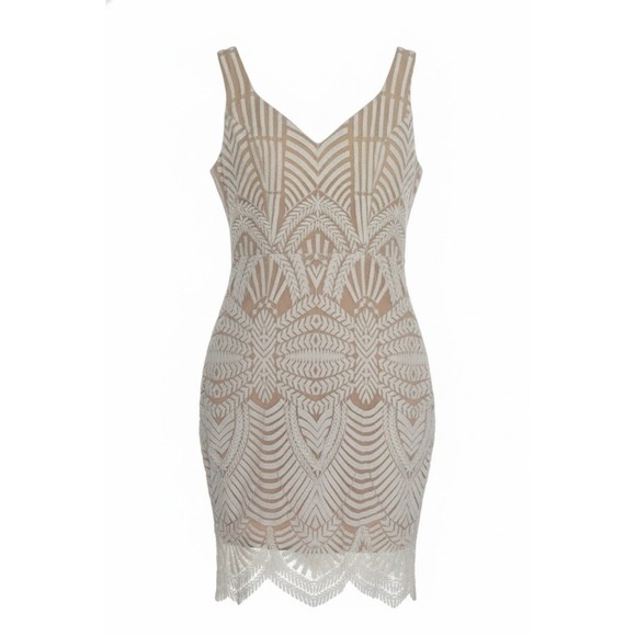 Hello Molly Dresses & Skirts - Hello Molly White Lace Overlay Bodycon Mini Dress V‎ Neck Sleeveless Size S US 4